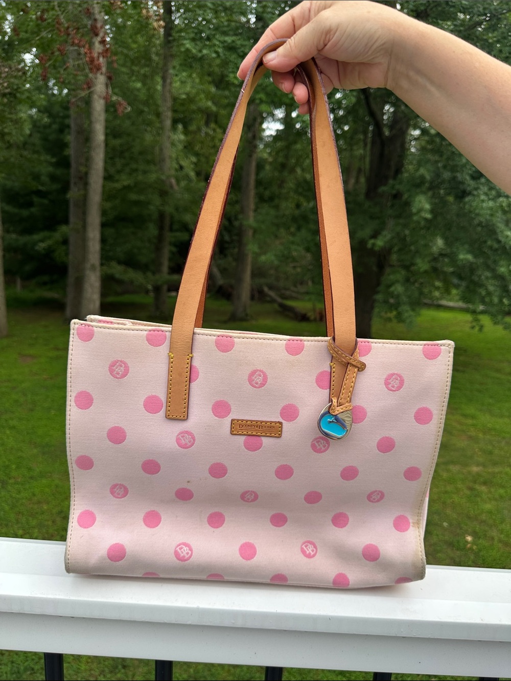 Dooney & Bourke East/West Pink Polka Dot Tote Bag with Tan Straps